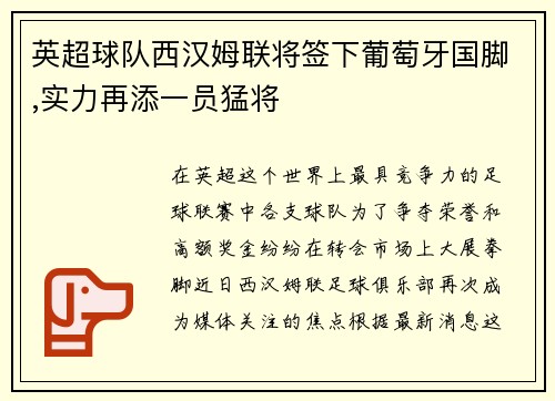 英超球队西汉姆联将签下葡萄牙国脚,实力再添一员猛将